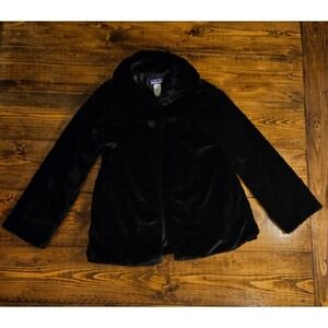 Patagonia Girls XXL 16-18 Black Faux Fur Jacket Coat Soft Plush Hooded 2‎ Button